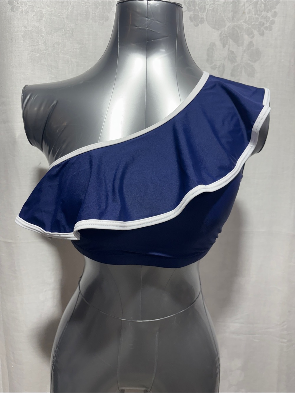 Navy One-Shoulder Ruffle Bikini Top